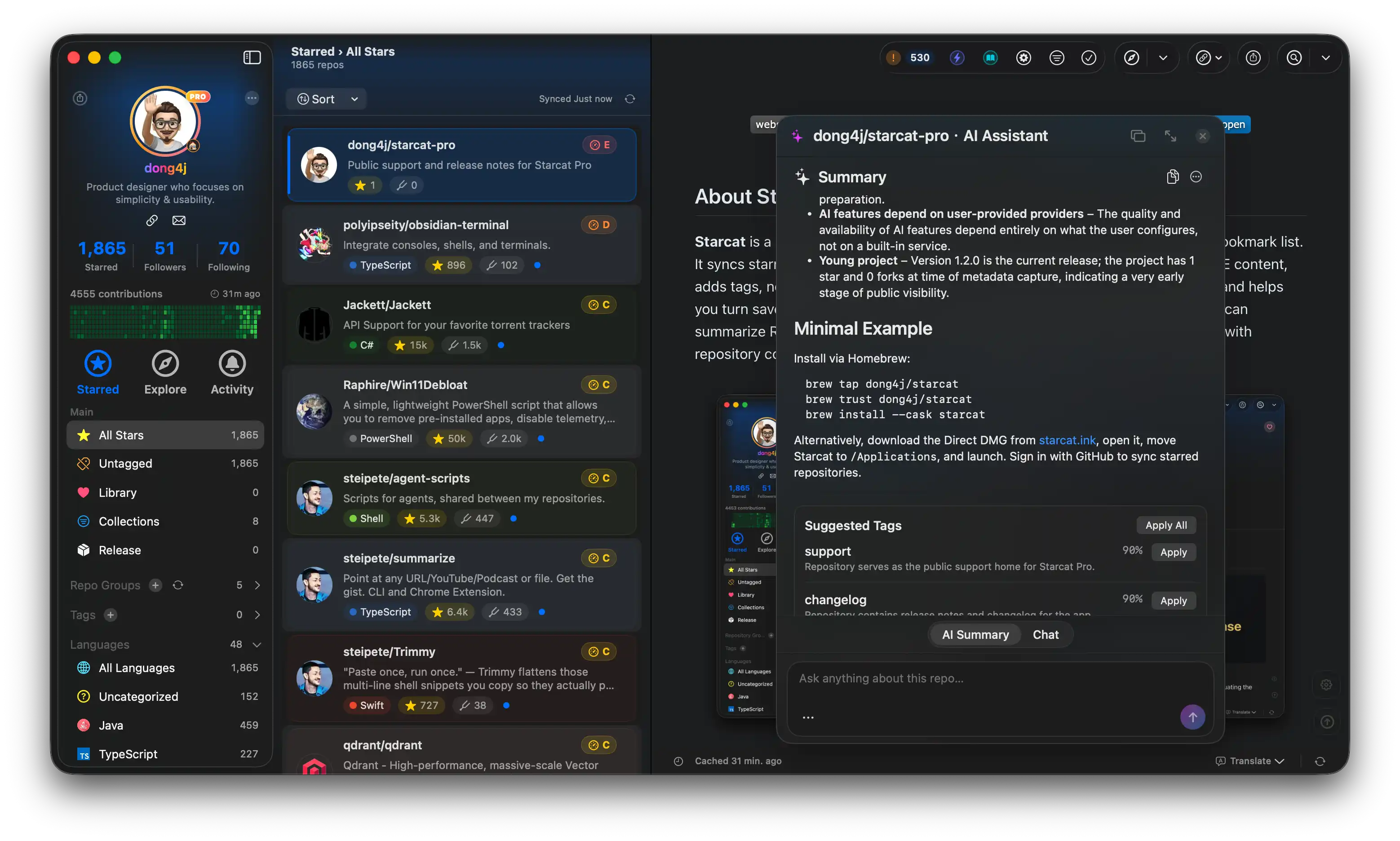 Starcat AI summary: auto-generated structured repo summaries